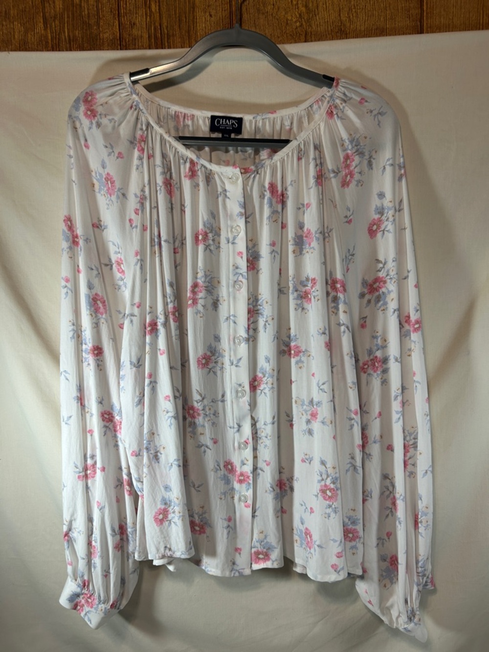 Chaps Cream Floral Button-Front Peasant Blouse